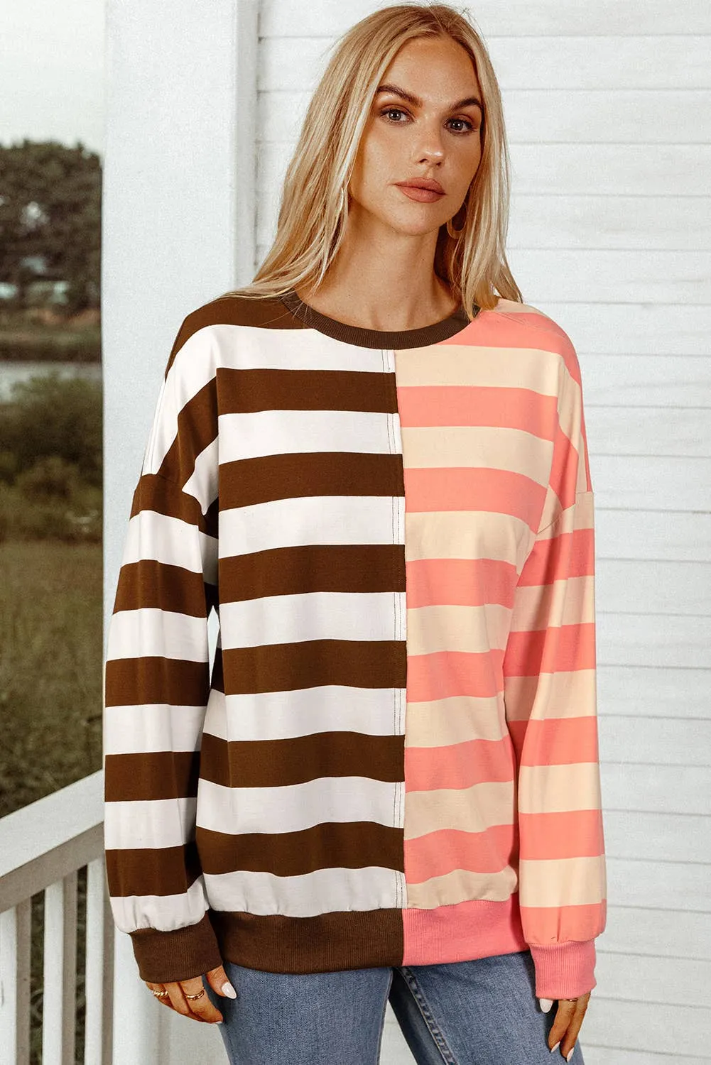 Stripe Colorblock Drop Shoulder Pullover Sweatshirt /Stuffology Boutique